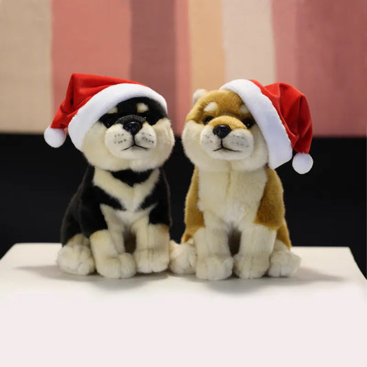 Cute Soft Japanese Shiba Inu Plush Toy Real Life Dog Puppy Stuffed Animal Toys w/ Red Hat Christmas Gifts For Kids